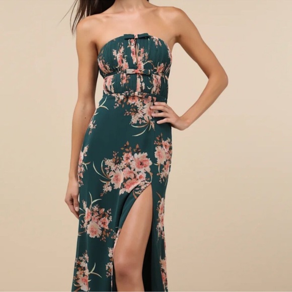 Lulus Enchanting Garden Emerald Floral Cutout Bow Strapless Maxi Dress - Picture 3 of 12